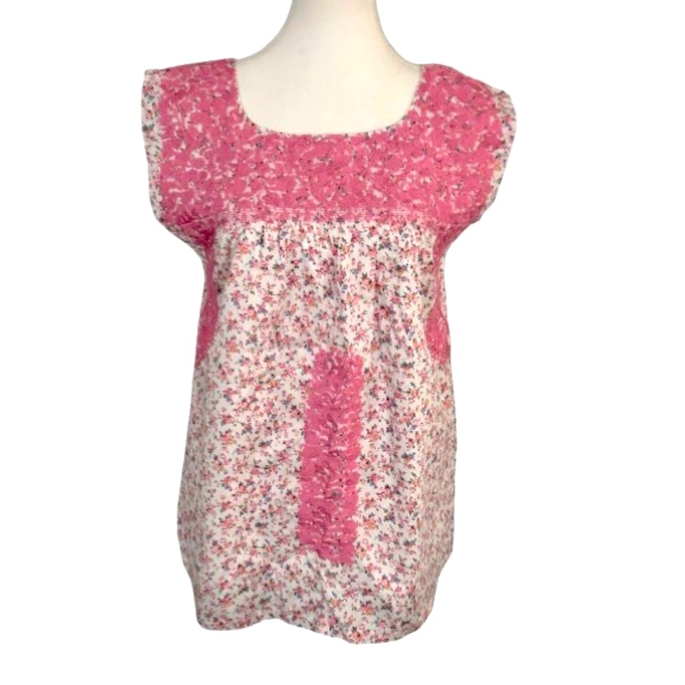 J. Marie Pink Embroidered Floral Small Top Shirt Blouse Sleeveless Boho Cotton